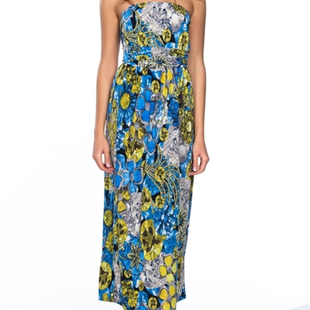 Blue Gem Printed Strapless Maxi Dress